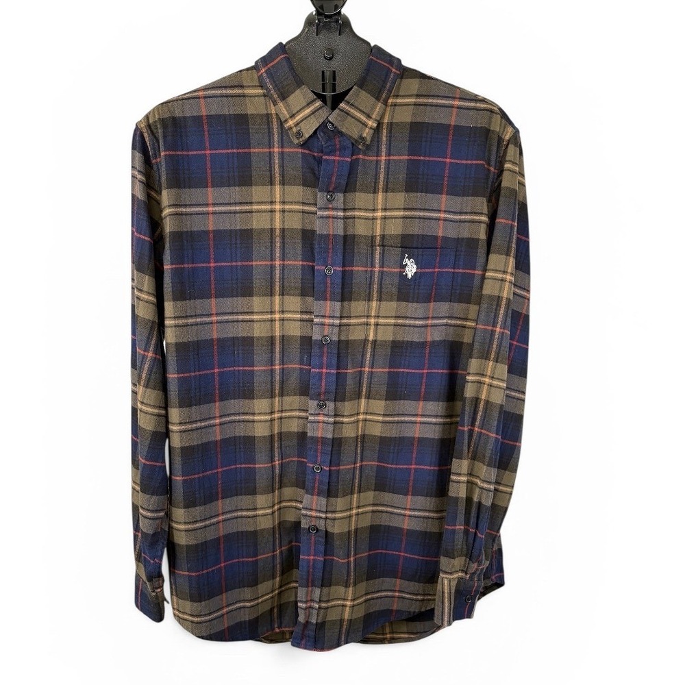 US Polo Assn Mens Plaid Button Down Flannel Shirt Navy Green ‎ Long Sleeve L